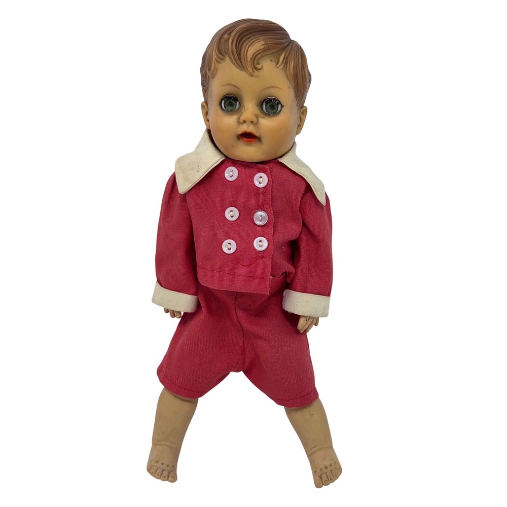 Vintage Horsman Creepy Boy Doll 11.5 Inch Red Suit Sleepy Eyes Mid Century